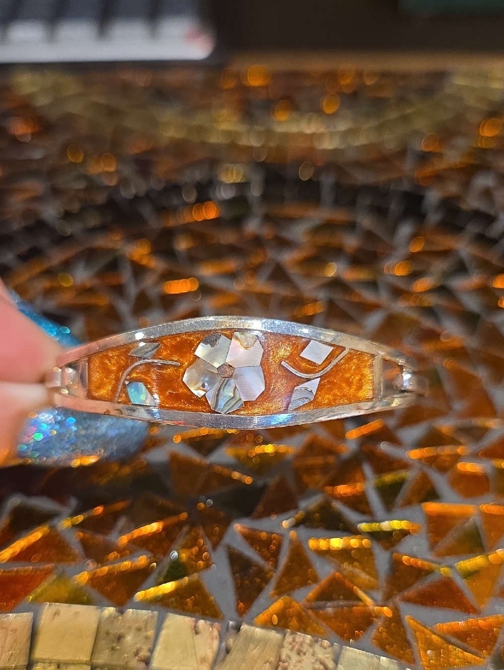 Silver Bangle with Orange Inlay and Abalone Accents